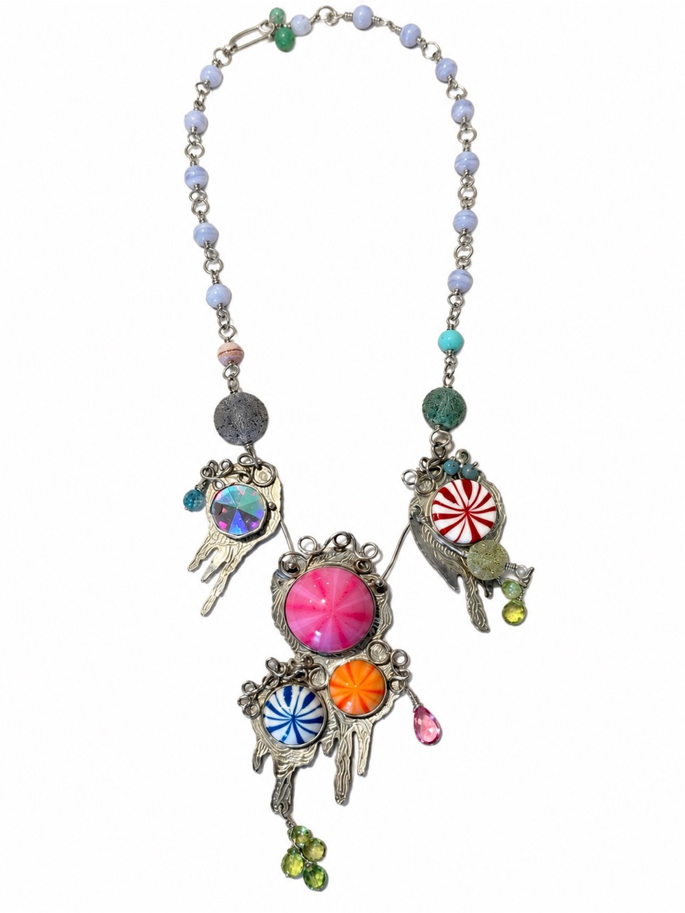 Silver Artisan Statement Necklace Mixed Media Beaded Candy Necklace